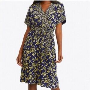 DRAPER JAMES Miranda Faux Wrap Dress Womens Size XL Navy Blue Yellow Floral EUC